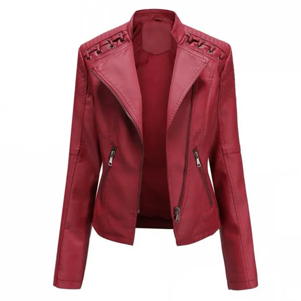 Women's Faux Leather Moto Jacket Slim Thin Leather Jacket,Red